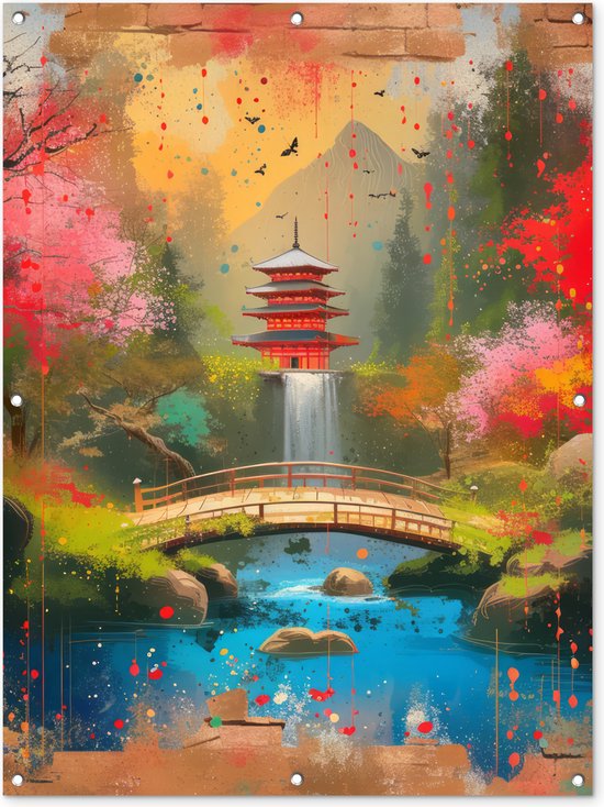 Tuinposter 90x120 cm - Tuindecoratie - Graffiti - Japanse tuin - Kleurrijk - Japan - Street art - Poster voor in de tuin - Buiten decoratie - Schutting tuinschilderij - Muurdecoratie - Tuindoek - Buitenposter..