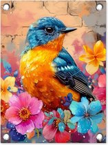 Tuinposter 30x40 cm - Tuindecoratie - Graffiti - Vogel - Bloemen - Streetart - Poster voor in de tuin - Buiten decoratie - Schutting tuinschilderij - Muurdecoratie - Buitenschilderijen - Tuindoek - Buitenposter..