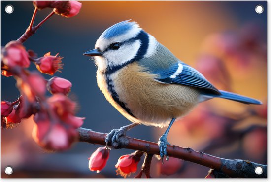 Tuinposter pimpelmees - Tuindecoratie vogels - 60x40 cm - Poster voor in de tuin - Vogel op een tak - Buiten decoratie - Schutting tuinschilderij - Tuindoek muurdecoratie - Wanddecoratie balkondoek