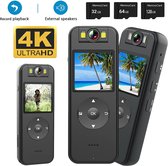 ProductPlein Bodycam HD 4K - Action Cam - Bewegingsdetectie - 180º Draaibare Lens - LED Display Scherm - Bodycam Politie - Infrarood - Spycam - Incl. 128GB SD-Kaart, SD Kaart Lezer en USB Stekker