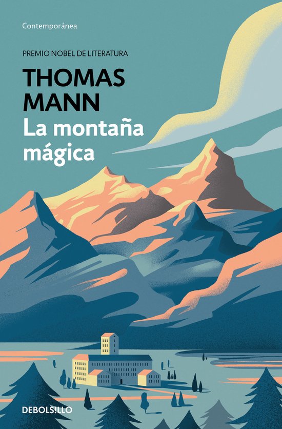 Couverture du livre 'La Montaña Mágica' avec une illustration de montagnes, de nuages et d'un village.