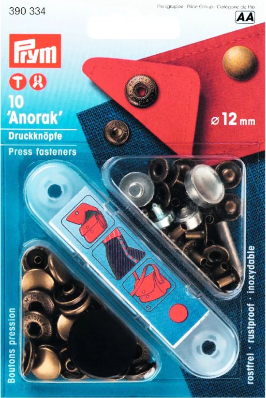 Boutons-pression Prym Anorak, 12mm, laiton vieilli. Avec illustrations d'applications.