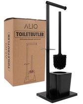 ALIQ ToiletButler – Brosse WC et Porte-Rouleau WC – Brosse WC avec Support – Droit – Zwart – Acier Inoxydable