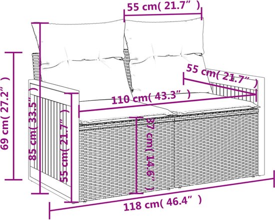Afmetingen van een 2-zitsbank in poly rotan met kussens.