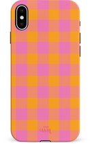 xoxo Wildhearts Brunch o'clock hoesje Double Layer - Hoesje met ruiten geschikt voor iPhone X / Xs hoesje - Dames hoesje geschikt voor iPhone Xs - Kleurrijk hoesje geschikt voor iPhone Xs / X hoesje shockproof case - Geruit hoesje - oranje / paars