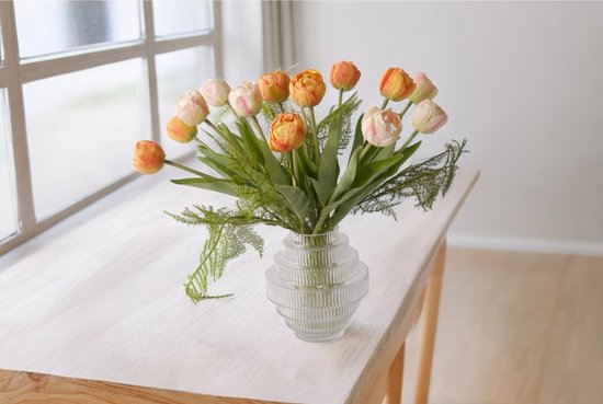 WinQ- Tulpen 14 stuks - Boeket kunst Tulpen 38cm - inclusief Glasvaas - Kunstbloemen Boeket Oranje en rose - zijden bloemen