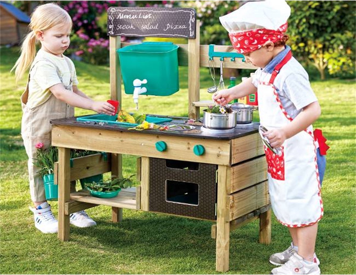 Hape Premium Buitenkeuken Modderkeuken - Speelkeuken Buiten met Watertank en Kraan - Duurzaam Hout - 3 Jaar+ — afbeelding 6