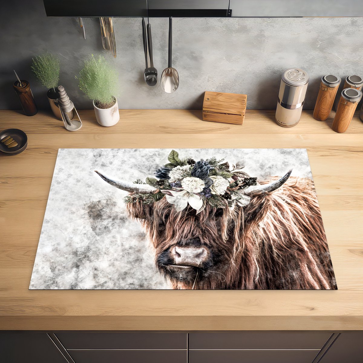 KitchenYeah® Inductie beschermer 80x52 cm - Schotse Hooglander - Zwart - Wit - Bloemen - Kookplaataccessoires - Afdekplaat voor kookplaat - Inductiebeschermer - Inductiemat - Inductieplaat mat