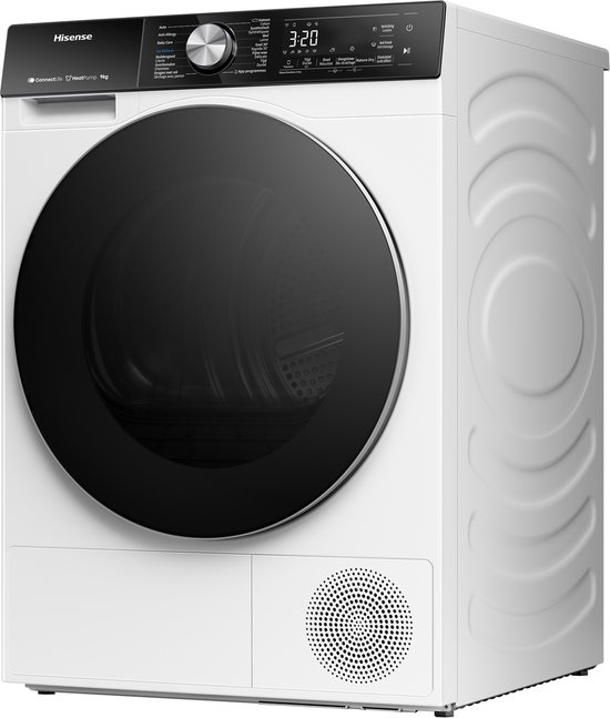Witte Hisense wasdroger met gesloten zwarte deur en digitaal display.