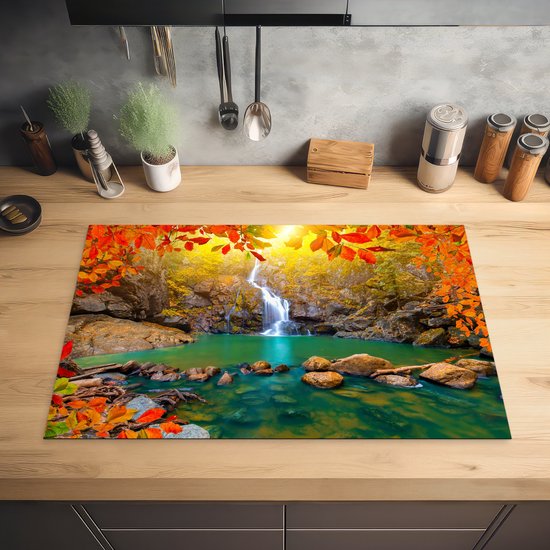 KitchenYeah® Inductie beschermer 80x52 cm - Stenen - Boom - Waterval - Herfst - Rood - Kookplaataccessoires - Afdekplaat voor kookplaat - Inductiebeschermer - Inductiemat - Inductieplaat mat