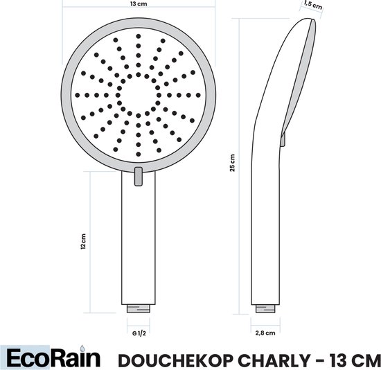 EcoRain© Charly Waterbesparende Douchekop - 50% Waterbesparend - Regendouche 13 cm - 3 Sproeistanden - Hoge Druk - Handdouche - Chrome - EcoRain