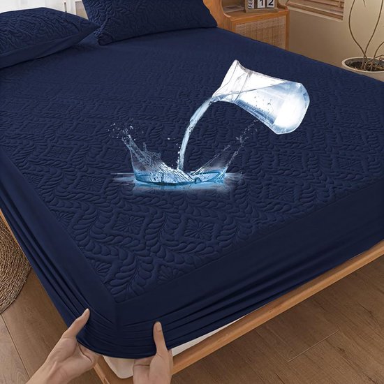 Waterdichte matrasbeschermer, 200 x 200 cm, hoeslaken, luxe, 3D-patroon, super absorberend, ademende matrashoes, waterdicht, matrasbescherming, hoeslakens, donkerblauw