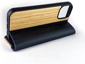 Houten design flip case, iPhone 15 – Bamboe met zwart leer