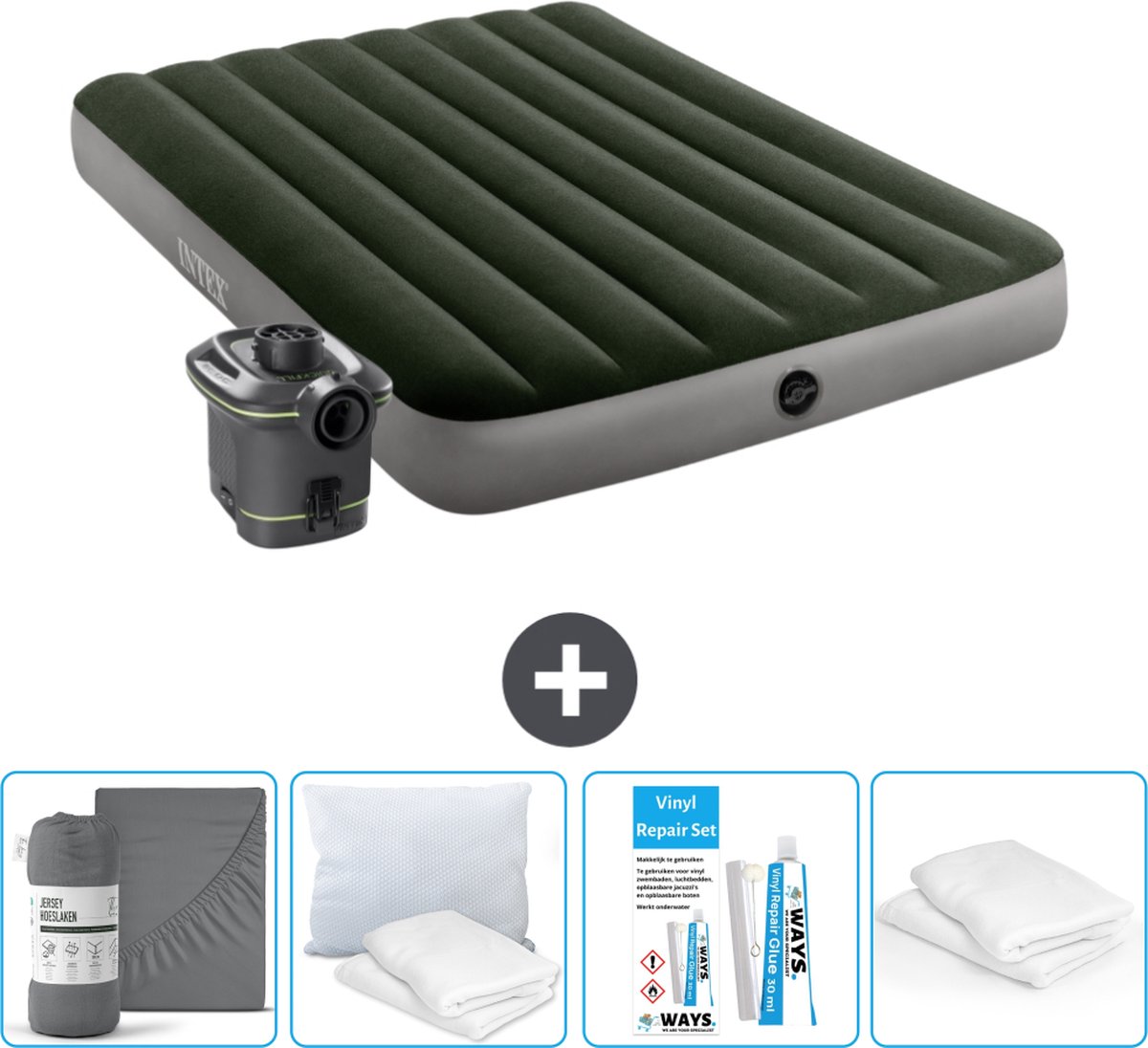 Intex Luchtbed - Twijfelaar - 137 x 191 x 25 cm - Groen - Inclusief pomp - Hoeslaken - Kussen - Reparatieset en Kussenbeschermer