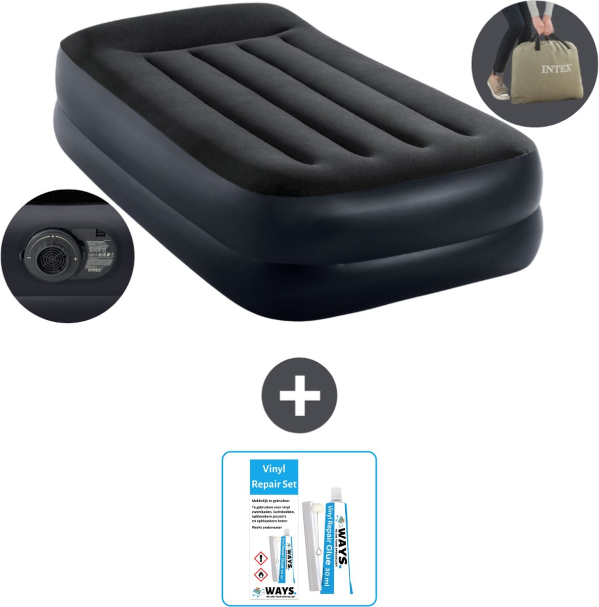 Intex Luchtbed - 1-Persoons - 99 x 191 x 42 cm - Blauw - Inclusief pomp - Reparatieset