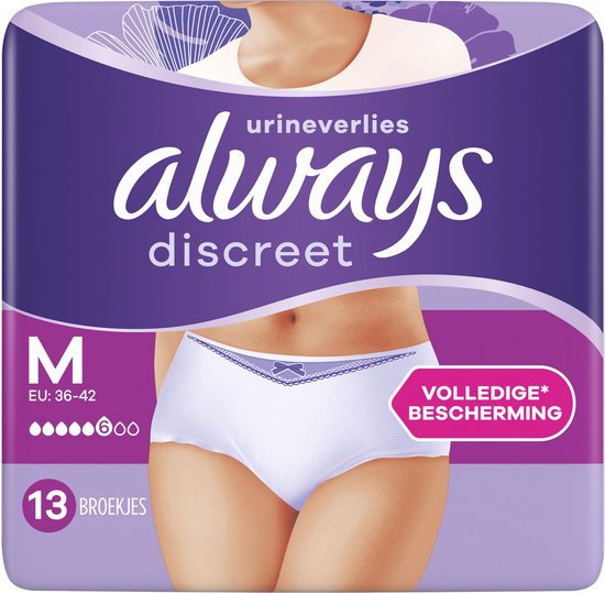 Always Discreet broekjes, maat M, met witte kanten boord en strikje. 13 stuks.