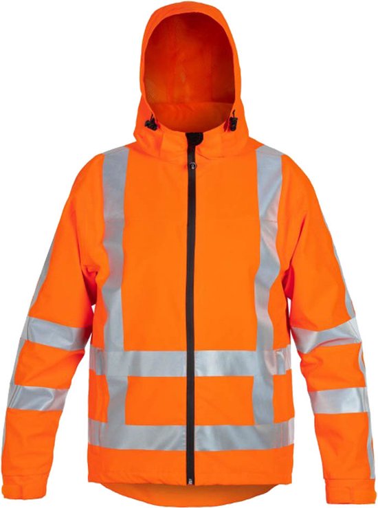 Oranje Hydrowear regenjas met capuchon, ritssluiting en reflecterende banden.