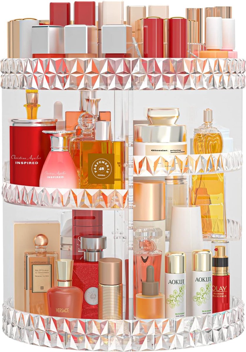 Goedkoopste Skincare Make-up-organizer, 360 graden draaibaar, met 6 lagen verstelbaar dienblad, acryl cosmetica-organizer, parfumopslag voor commode, make-uptafel, badkamer, transparant