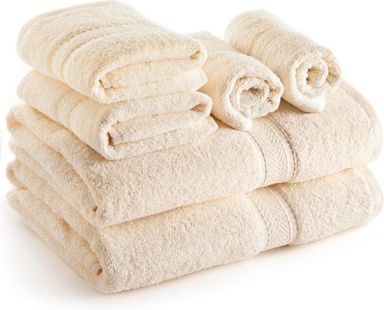 handdoekenset, 6 stuks, 2 badhanddoeken, 2 handdoeken en 2 washandjes, dagelijks gebruik ringgesponnen 100% katoen crème