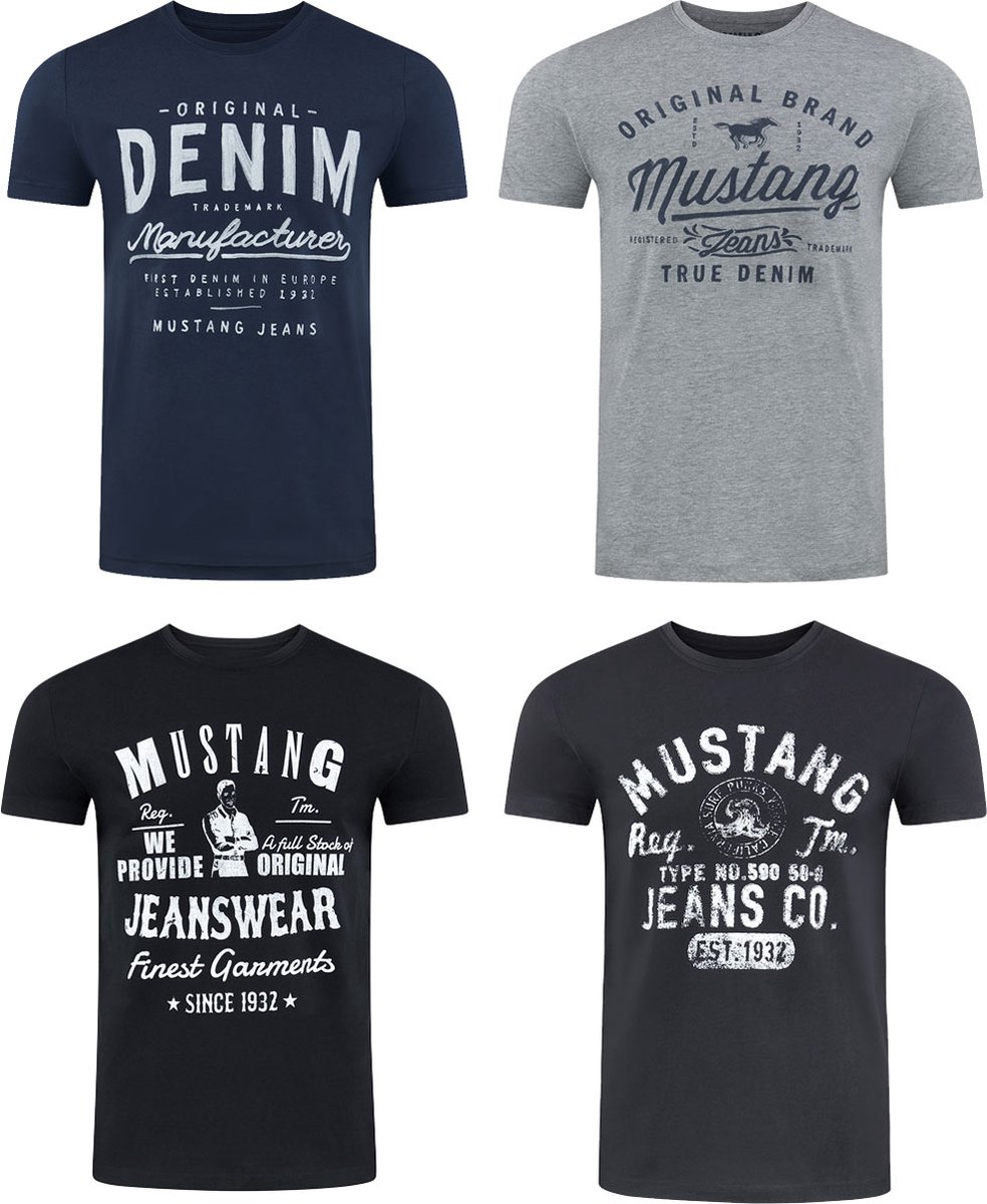 Mustang Heren T-Shirt 4-pack Mustang heren-T-shirt regular fit Veelkleurig M Ronde Hals Volwassenen Opdruk Print Shirts