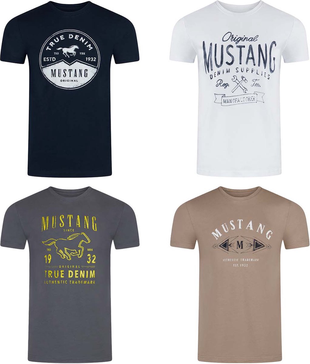 Mustang Heren T-Shirt 4-pack Mustang heren-T-shirt regular fit Veelkleurig S Ronde Hals Volwassenen Opdruk Print Shirts