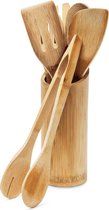 Keukengerei set, bamboe, 7-delig, 30 cm lange kooklepels, tang, spatels, keukenaccessoires met houder, naturel