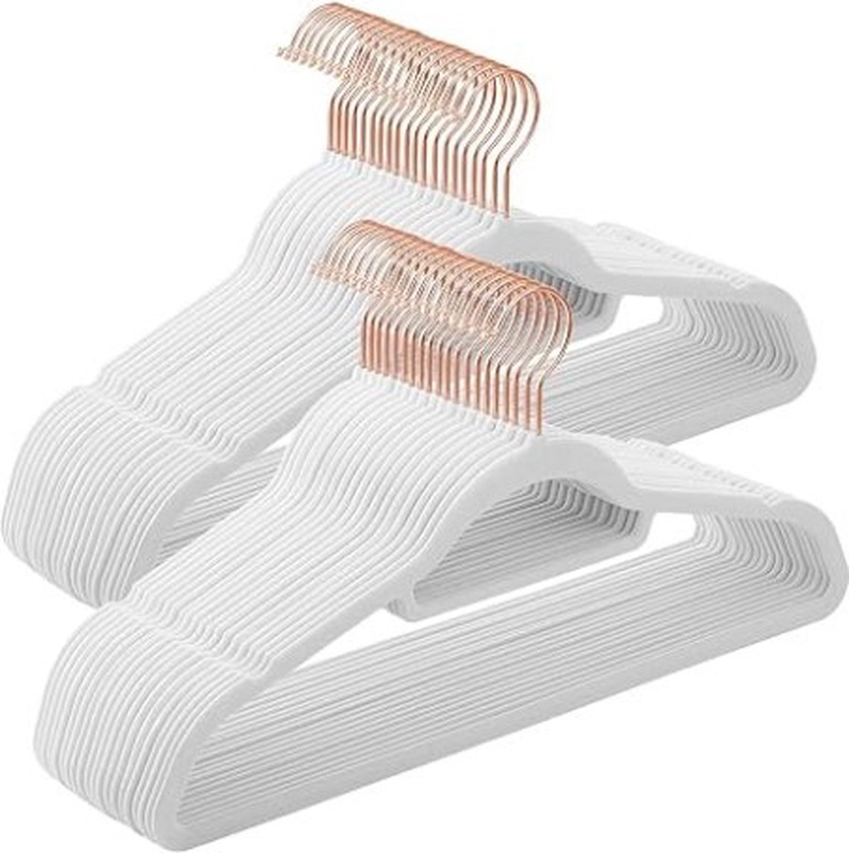 Velvet jas hangers, pak van 50 kledinghangers, niet-slip kledinghangers, met tie-staaf en 360 ° roterende haak, ruimtebesparende 0,5 cm dik, 43,5 cm lang voor een broek, roségoud en wit