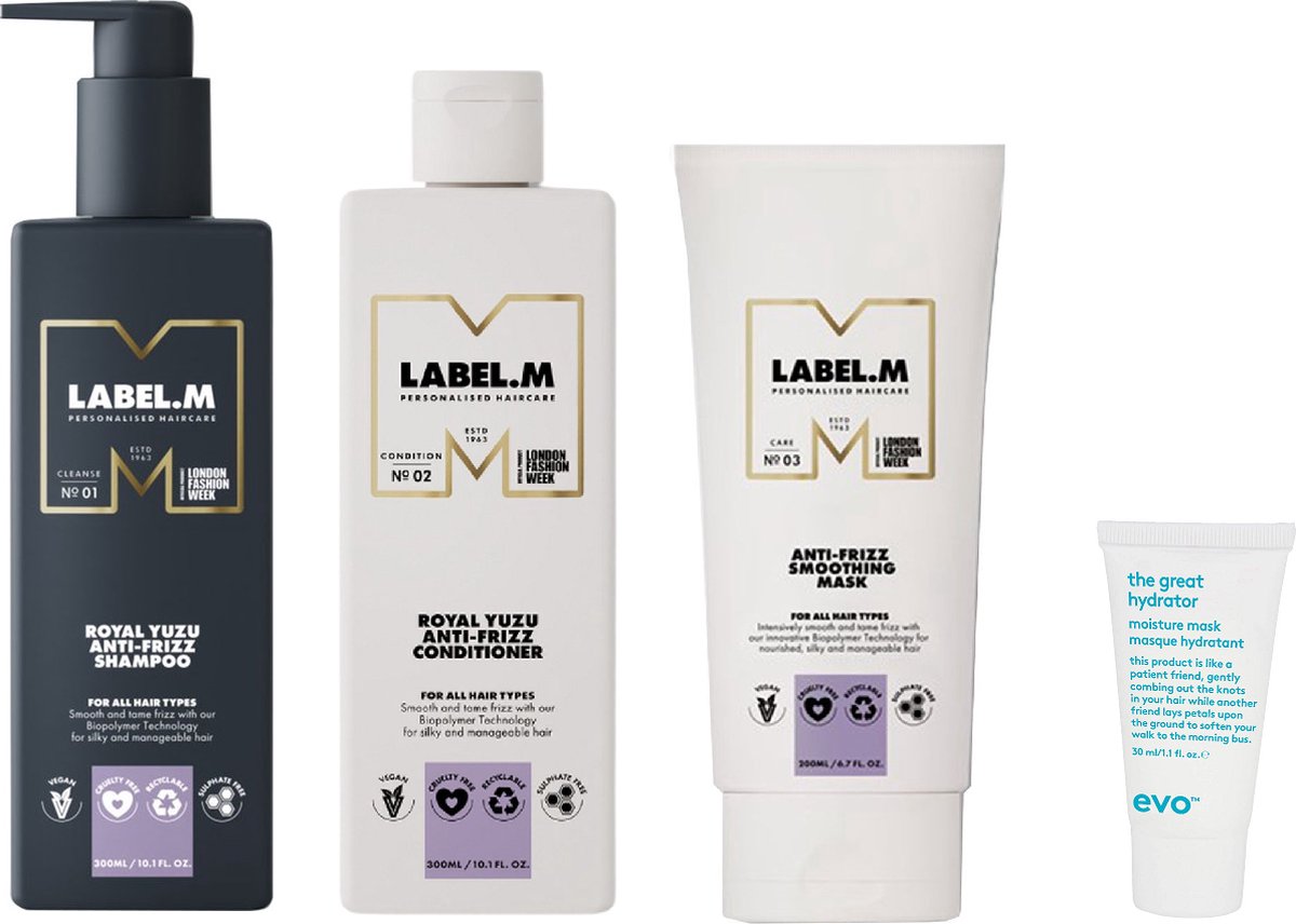 Label.M - Royal Yuzu Anti-Frizz Shampoo 300ML + Conditioner - 300ML + Smoothing Mask 200ML + Gratis Evo Travelsize