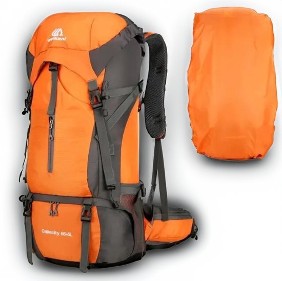 Avoir Avoir®-Hiking travel backpack met regenhoes- Nylon-Oranje-Rugzak- Tas- Camping -Reistas met Regenhoes - 70L Capaciteit