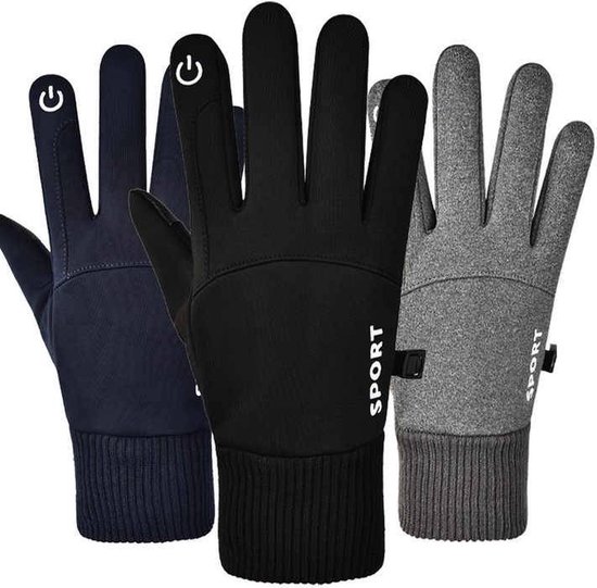 Drie sport handschoenen in het donkerblauw, zwart en grijs, met witte 'G' logo's en 'SPORT' opdruk.