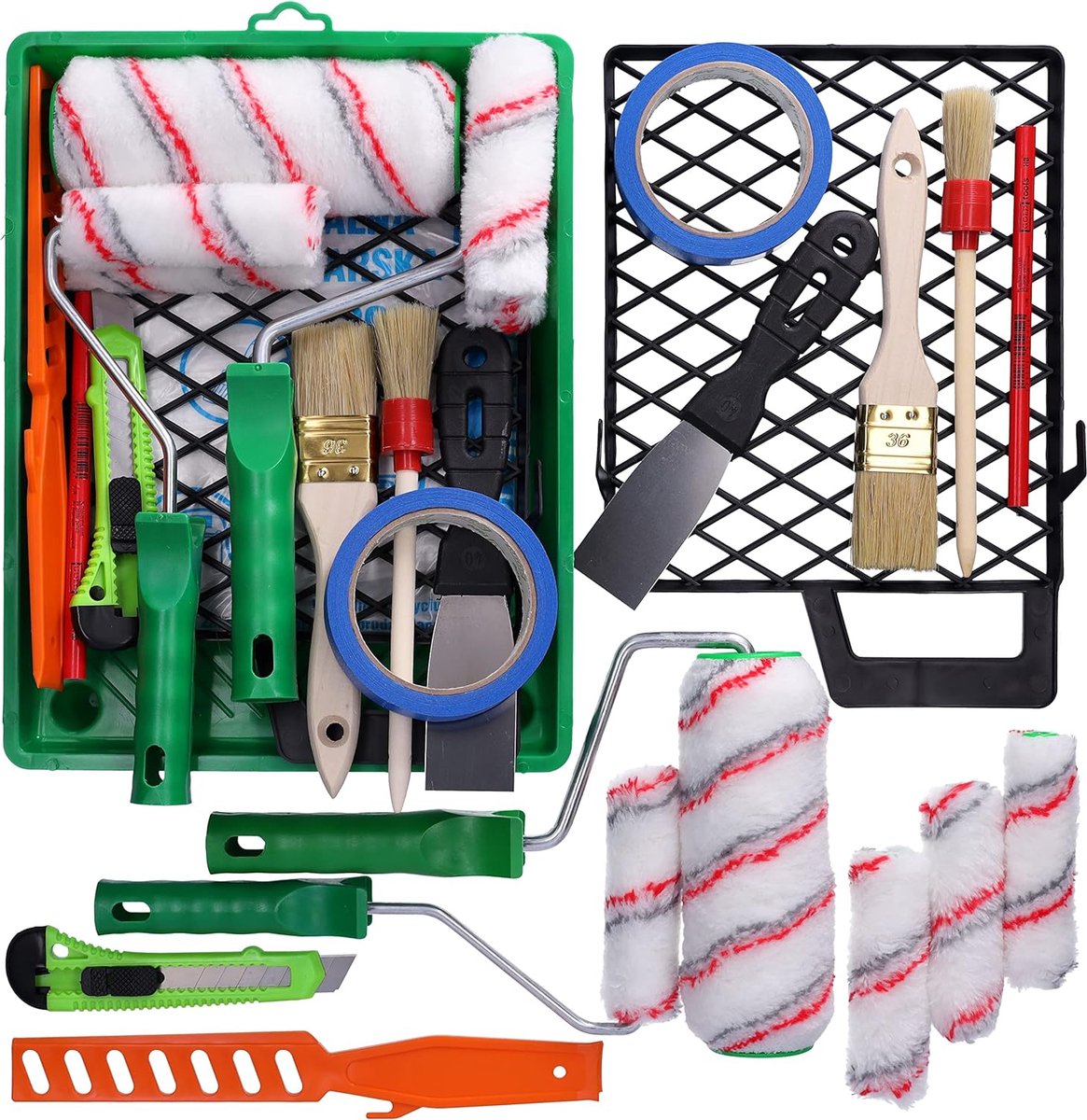 Bordenset 2 x folieset + 2 x bord skwas + bordtape + verfbak + afdekfilm + verfroller + verfroerstaaf + afbreekmes + timmermanspotlood + bordspatel bord haan