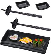 Sushiplaat met dipschalen, sushiservies met stokjes, Japanse sushi-borden, serviesset met 2 paar eetstokjes + 2 eetstokjes-plateaus + 2 borden + 2 diptborden, zwart