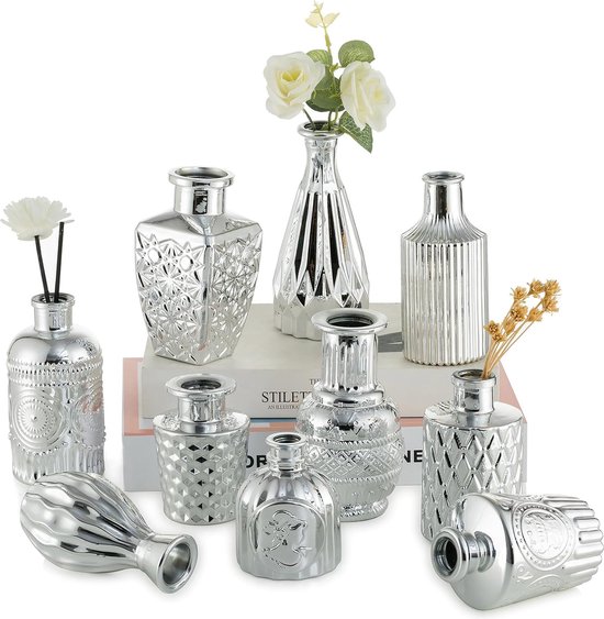 Kleine vaas zilveren bloemenvazen: 10 vintage vazen decoratie vergulde vazen kleine tafeldecoratie, eettafel vaas glazen vaas, mini vazen set deco zilver voor decoratie woonkamer bruiloft