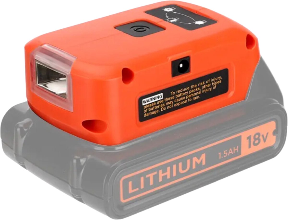 KRYLANSO USB-adapter voor Black+Decker Gereedschapsaccu's Laad moeiteloos 2 USB-apparaten tegelijkertijd op 12V DC aansluiting Instelbare LED lamp (3 standen)