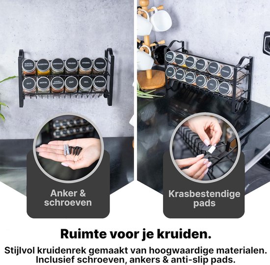 Deco Haus® Wandkruidenrek Zonder Boren – 24 Potjes Met Deksels, Etiketten & Accessoires | Zwart Metalen Rek 4-delig | Keuken Organisatie