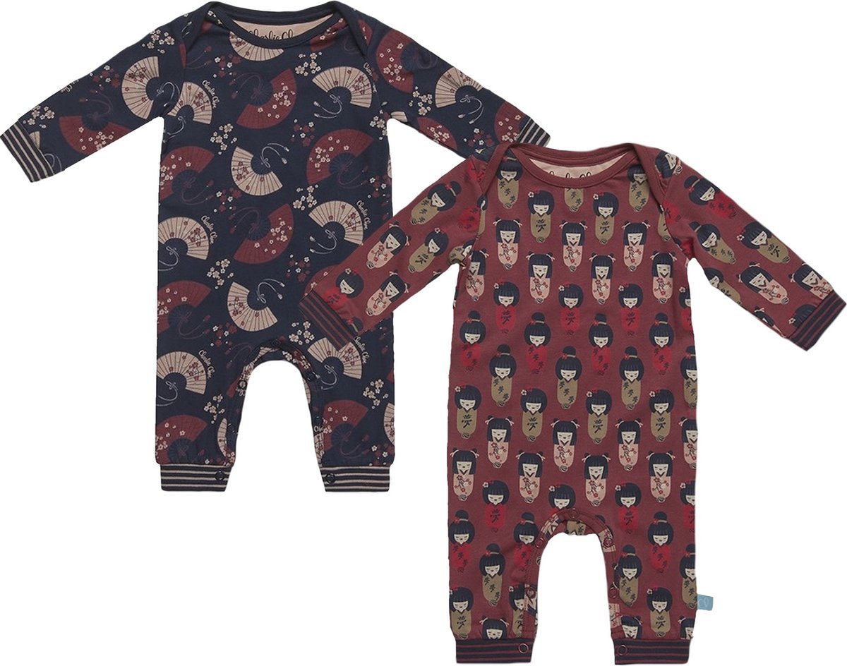 Charlie Choe - 2pack - Navy - Donkerrood - Boxpak - Salopette - Kruippakje - Babypakje - Jumpsuit - Geboortepakje - Romper - Waaiers - Geisha's - Maat 50