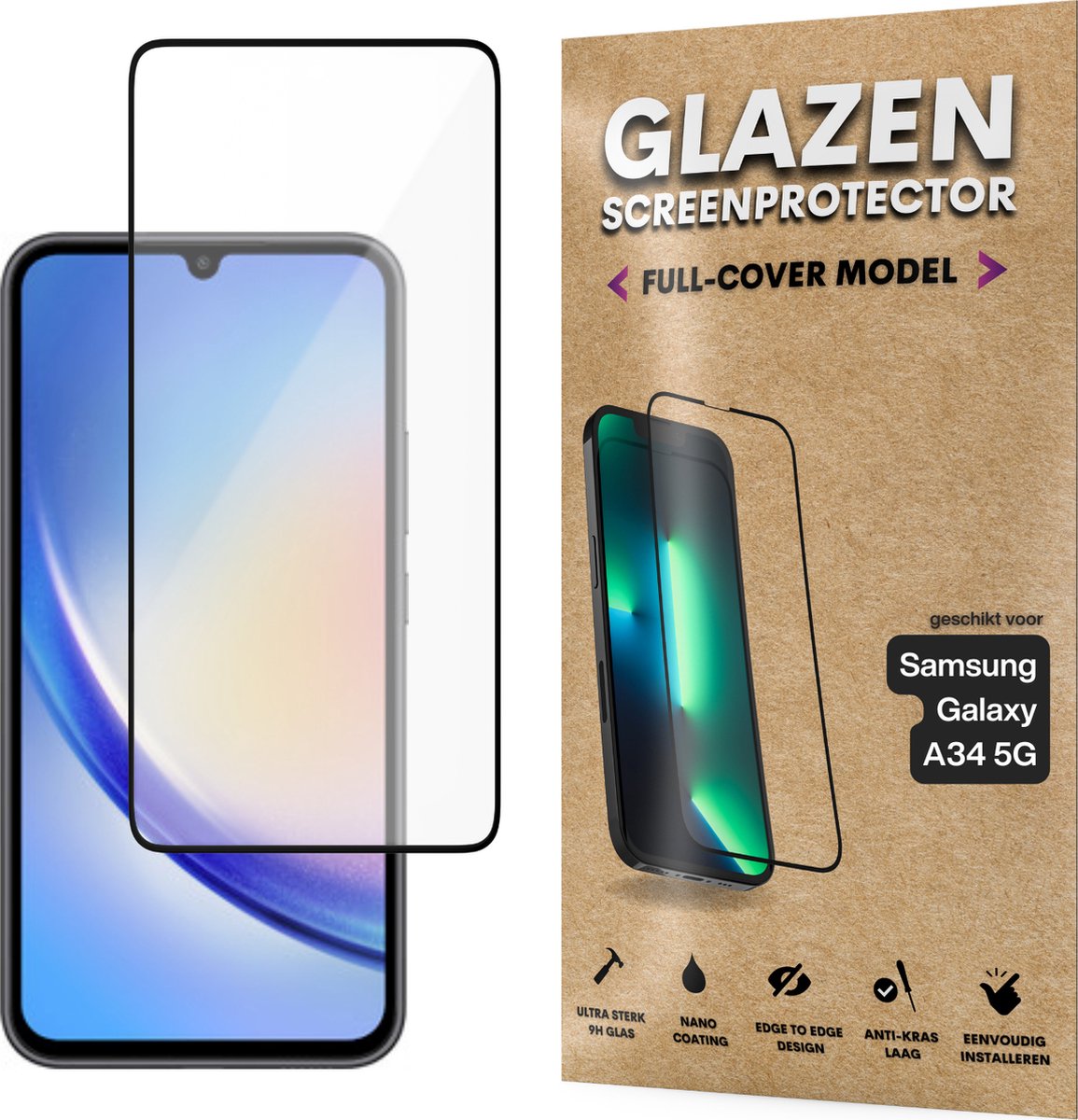 Screenprotector - Geschikt voor Samsung Galaxy A34 5G - Gehard Glas - Full Cover Tempered Glass - Case Friendly