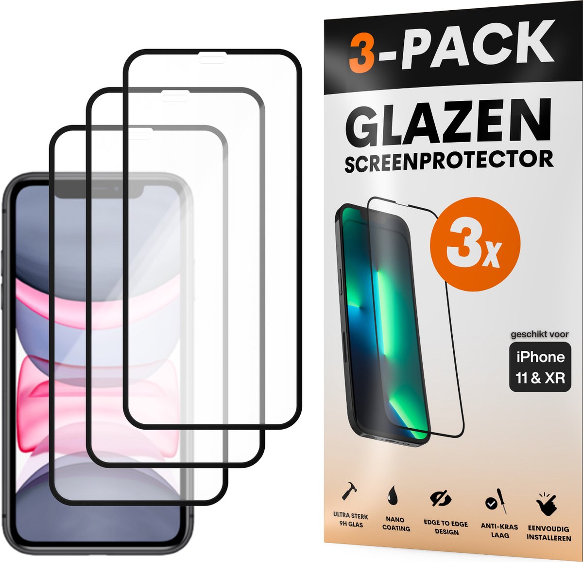 Screenprotector - Geschikt voor iPhone 11 / XR - Gehard Glas - Full Cover Tempered Glass - Case Friendly - 3 Pack