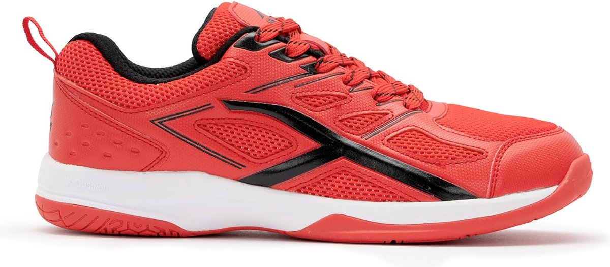 Hundred Xoom non-marking professionele badmintonschoenen voor heren | Materiaal: kunstleer | Geschikt voor indoortennis, squash, tafeltennis, basketbal en padel (rood/wit, maat: EU 39, UK 5, US 6)