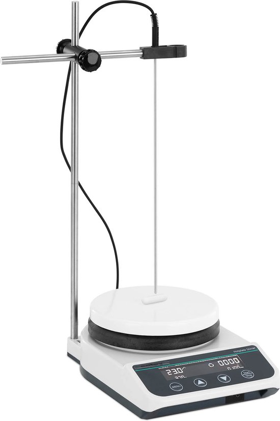 Zilverkleurige staander met sensor boven een witte hotplate stirrer, met digitaal display.