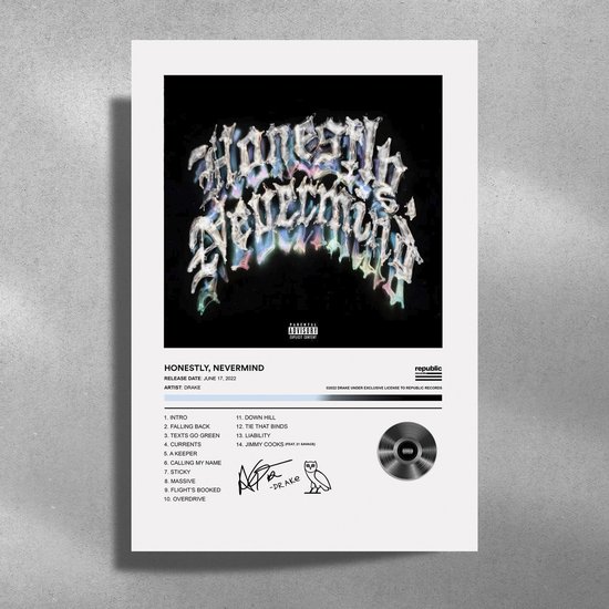 Drake - Honestly, Nevermind - Metalen Poster 30x40cm - album cover
