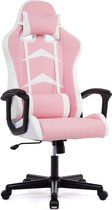 Gaming stoel, bureaustoel met verstelbare hoofdsteun en lumbaalkussen, ergonomische bureaustoel, racestoel met hoge rugleuning, roze