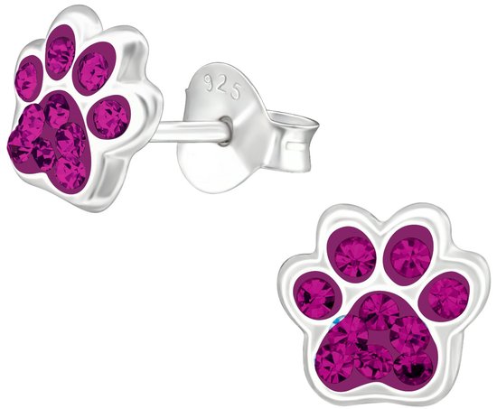 Joy|S - Zilveren kat hond dierenpoot oorbellen - 7 x 6 mm - fuchsia roze kristal - poot afdruk - kinderoorbellen