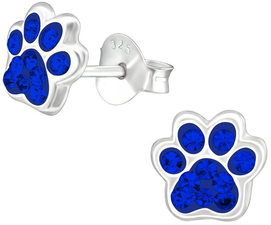 Joy|S - Zilveren kat hond dierenpoot oorbellen - 7 x 6 mm - saffier blauw - poot afdruk - kinderoorbellen