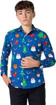 OppoSuits SHIRT LS Festivity Blue Teen Boys - Tiener Overhemd - Kerstshirt - Blauw - Maat 14 Jaar