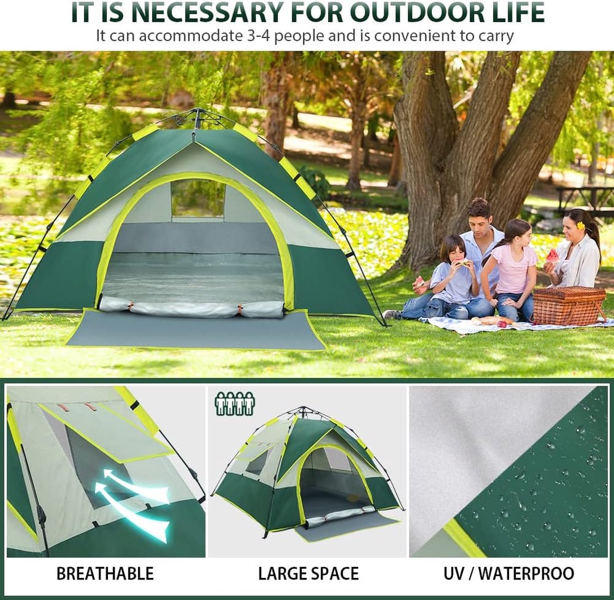kampeertent Automatische Camping Tent Voor 3-4 |Pop-up instant-tent Waterbestendig Geventileerd Duurzaam Eenvoudig in te stellen, om te wandelen Backpacken Survival Travel