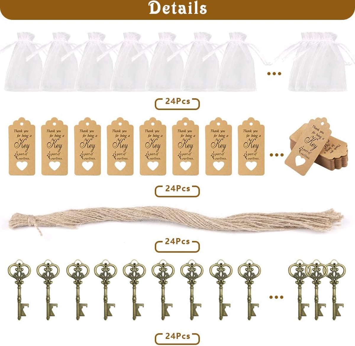 ASANMU 24 stuks vintage flesopeners voor bruiloftsgasten organza zakje kraftpapier natuurlijke jute voor babyshower, bedankgeschenken, collega's, bieropeners