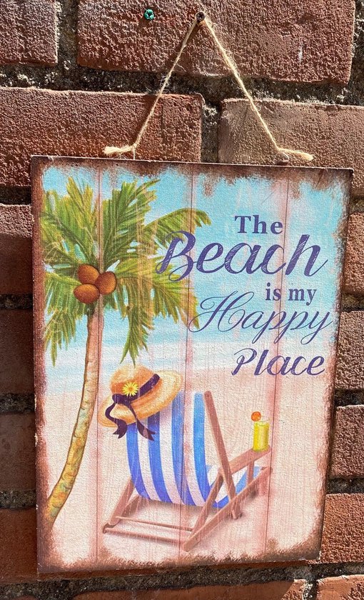 Decoratief houten wandbord "palmboom + strandstoel" met tekst "The beach is my happy place" - meerkleurig - Incl. ophang touw - hoogte 46x25x1 cm - Woonaccessoires