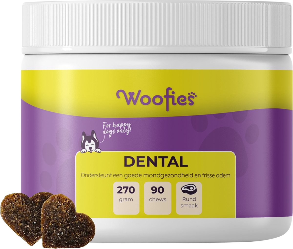 Woofies - Dental voor honden als snoepje - Ondersteunt een goede mondgezondheid en frisse adem - 90 Chews - Rundersmaak