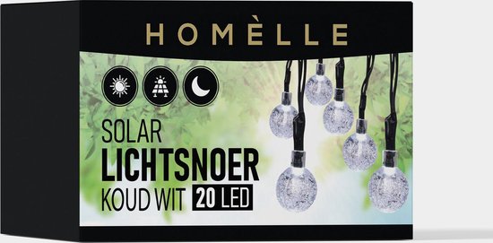 Doos van Homèlle met 20 LED solar lichtsnoer, koud wit, met kristal-achtige lichtballetjes.